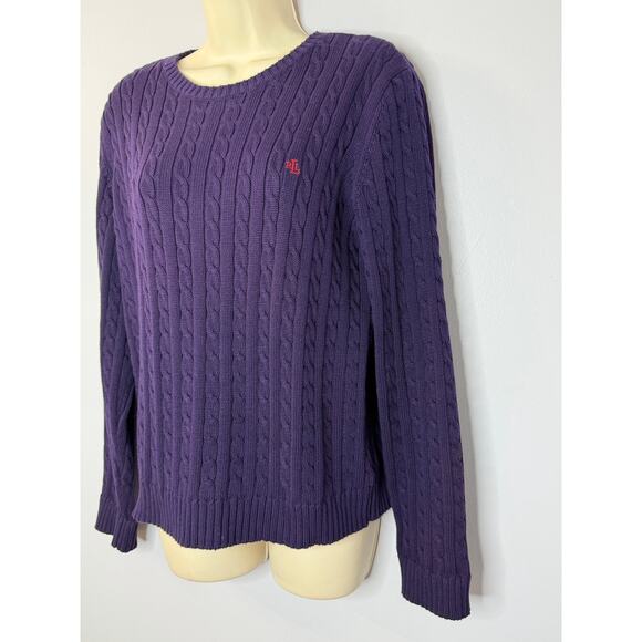 Lauren Ralph Lauren Cotton Cable Knit Sweater Purple Women's L Embroidered Logo - Picture 2 of 9